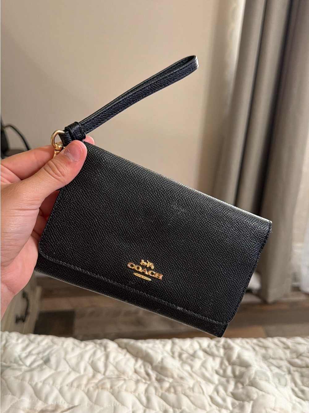 Coach Black Leather Wristlet Clutch with Gold Logo